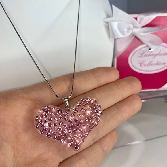 Pink Acrylic Heart Necklace Embellished With Genuine “Crystal Stone Elements” - Picture 12 of 13